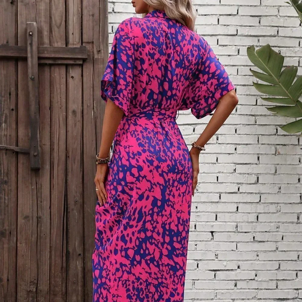 Multicolor Boho Womens Allover Print Batwing Sleeve Belted Shirt Dress - Picture 2 of 5